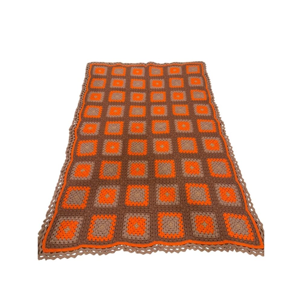 Vintage Hand-Crocheted Granny Square Afghan Blanket 48" X 72" Orange/Brown